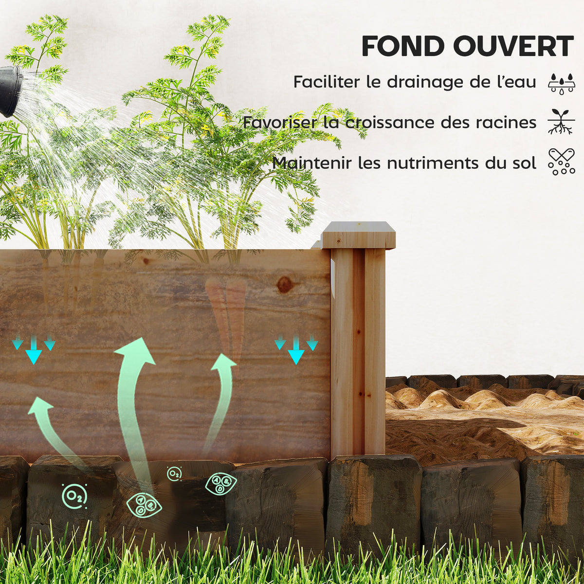 Jardinière potager en bois 234 cm, fond ouvert et 4 zones