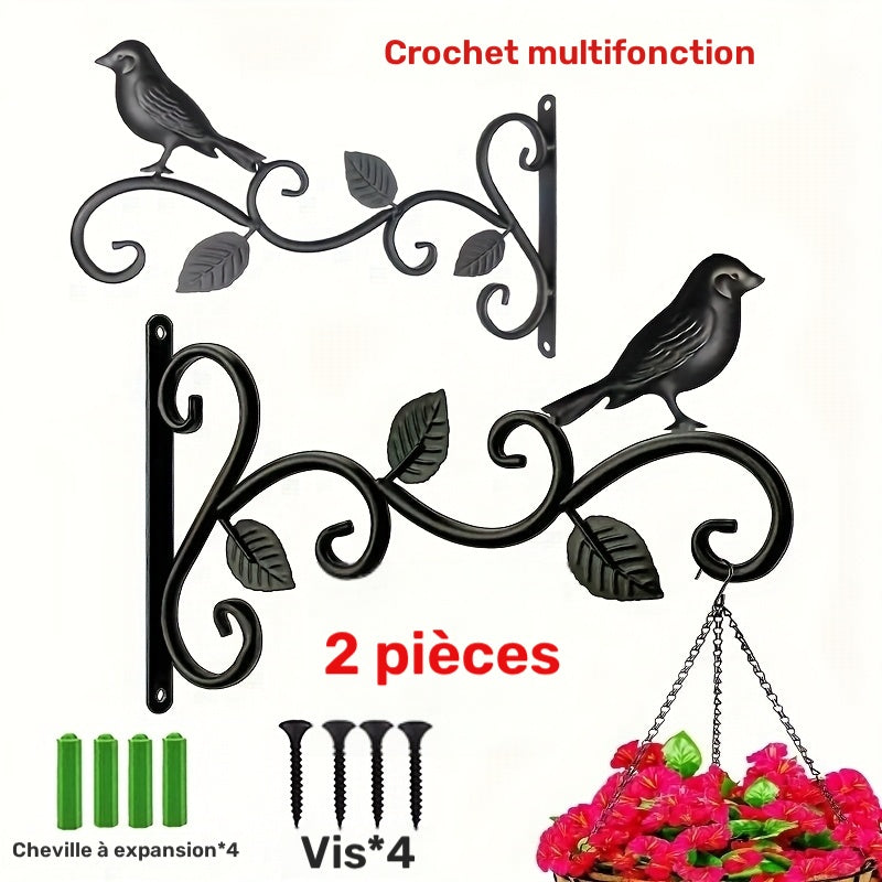 Crochet mural en fer motif oiseau – lot de 2, noir 25 cm