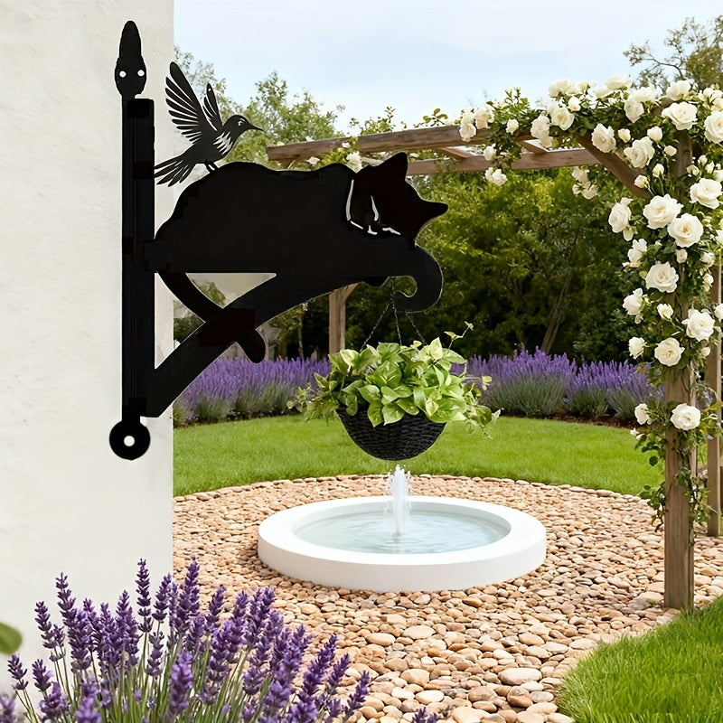 Crochet mural pour pot de fleur en fer, chat et colibri