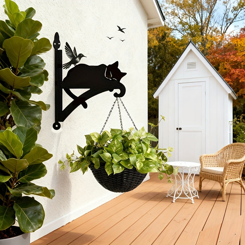 Crochet mural pour pot de fleur en fer, chat et colibri