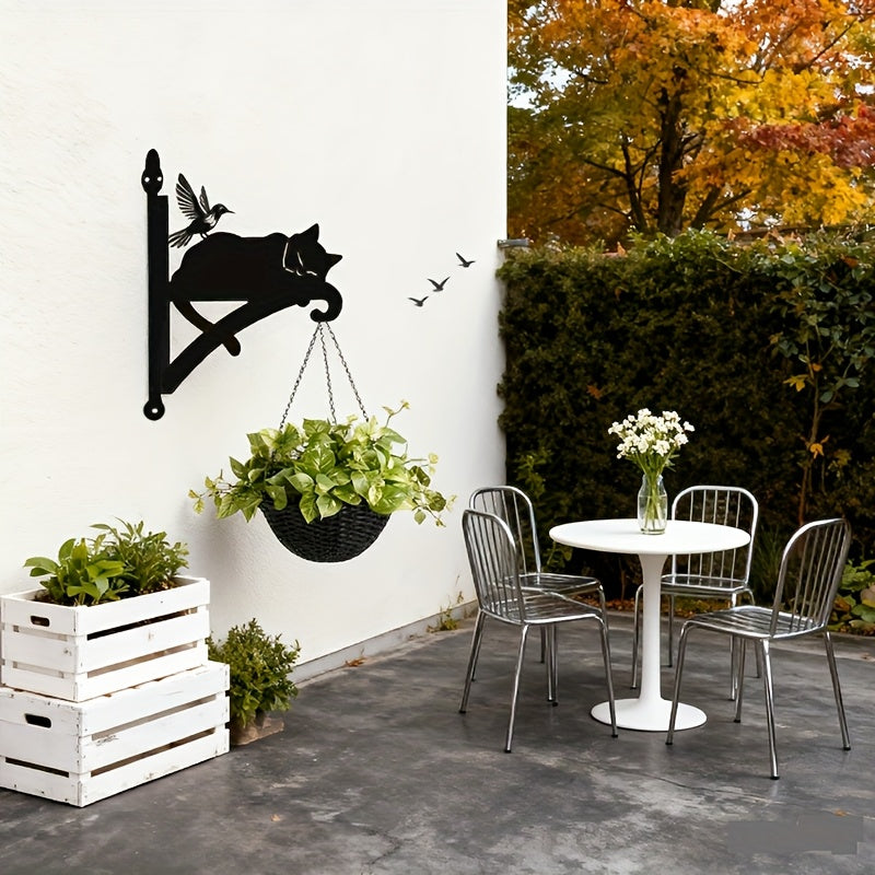 Crochet mural pour pot de fleur en fer, chat et colibri