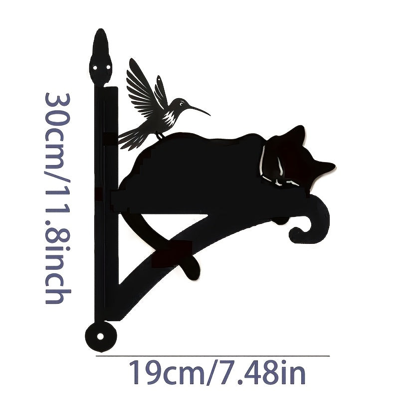 Crochet mural pour pot de fleur en fer, chat et colibri