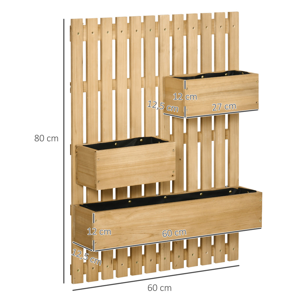 Jardinière murale en bois massif 60x16x80 cm, 3 bacs amovibles