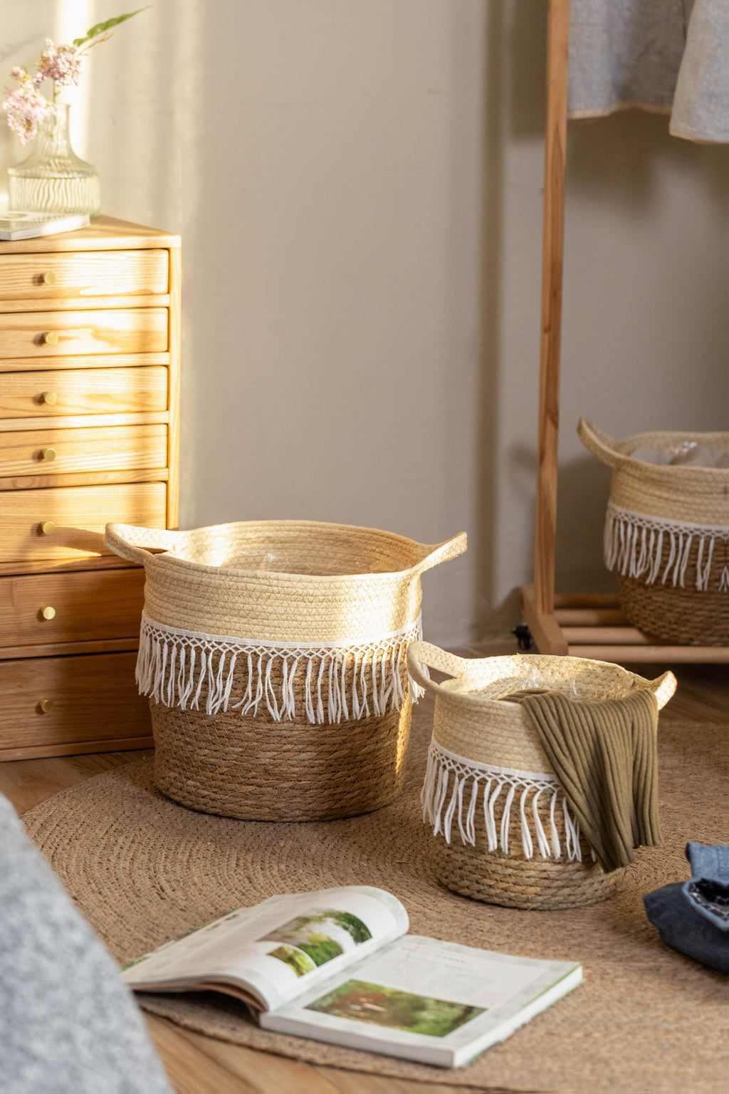 Cache-pot en osier tressé à franges macramé pour intérieur