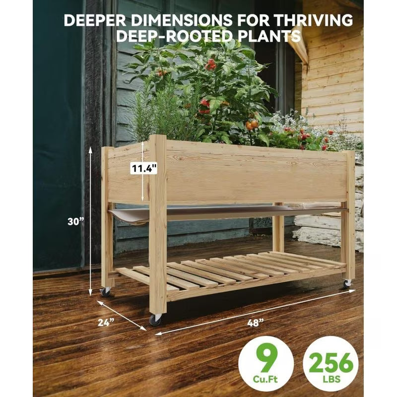 Jardinière en bois sur pied à roulettes avec étagère basse