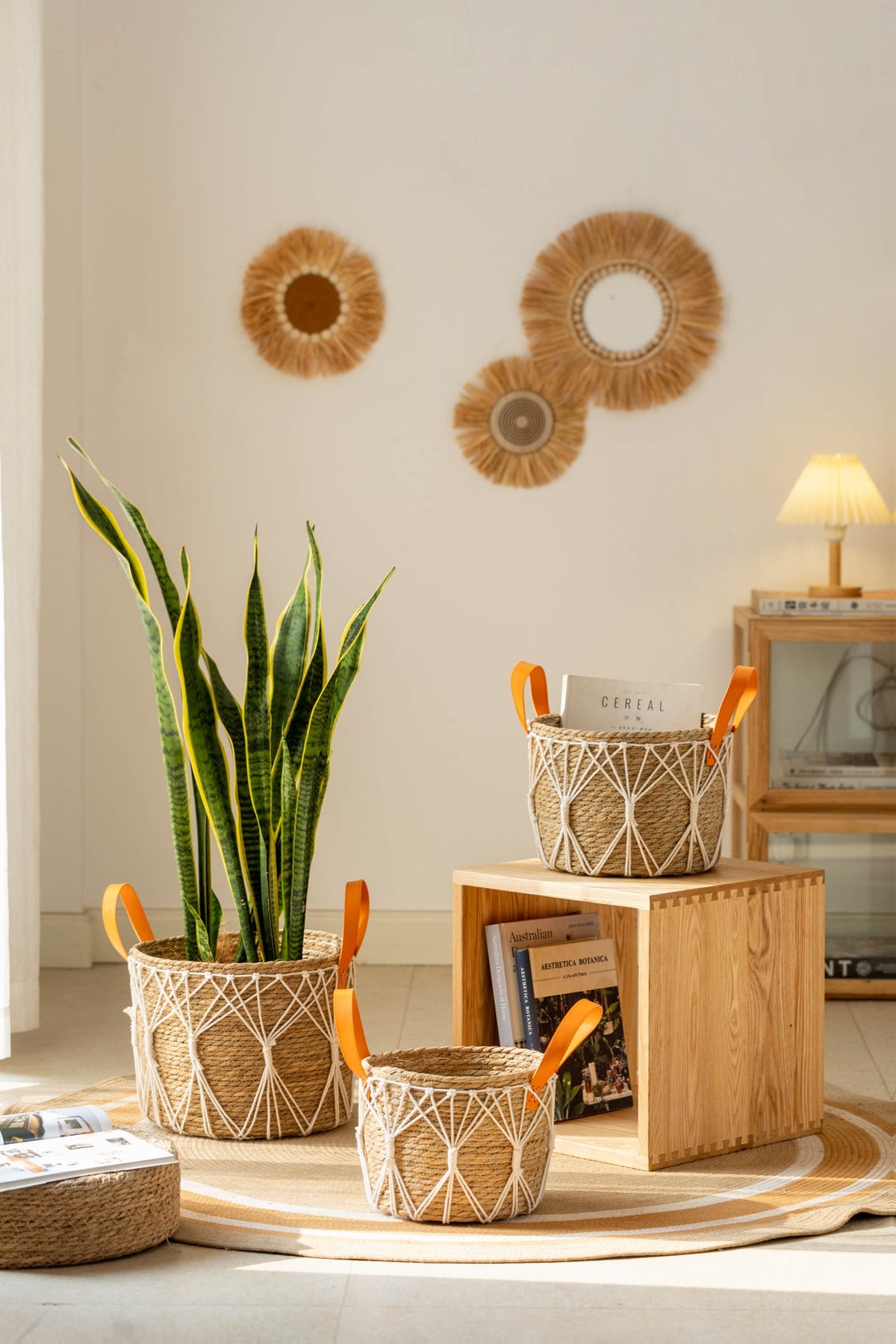 Cache-pot panier tressé à décor macramé Ø 25 cm, naturel
