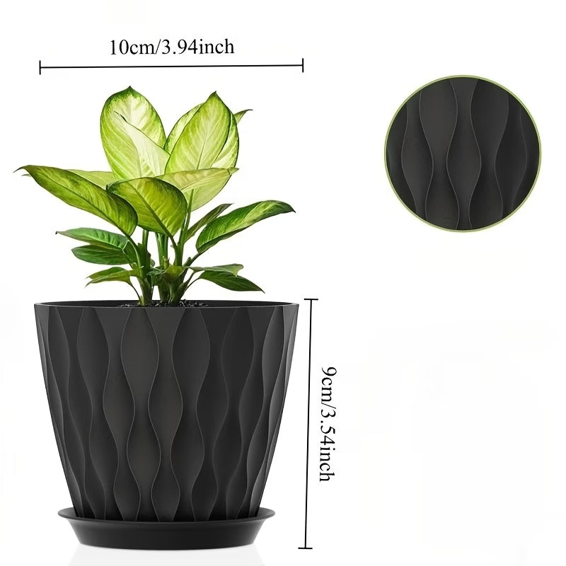 Lot de 4 pots de fleurs ondulés en plastique avec soucoupes