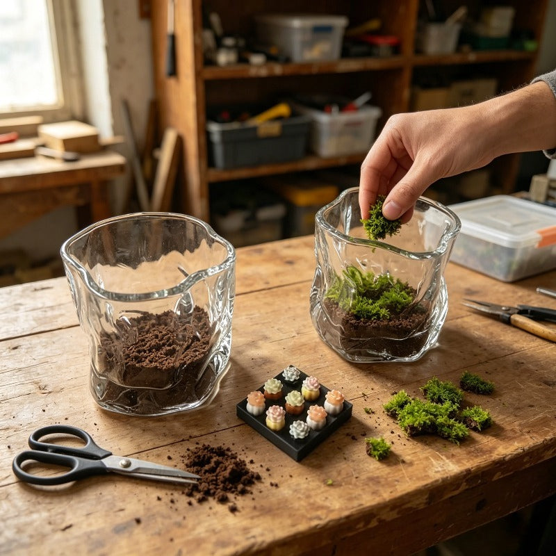 Pot de fleur en verre pour terrarium, vendu en lot, vue de dos