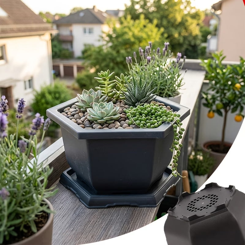 Pot de fleur hexagonal anthracite, lot de 5 avec soucoupes