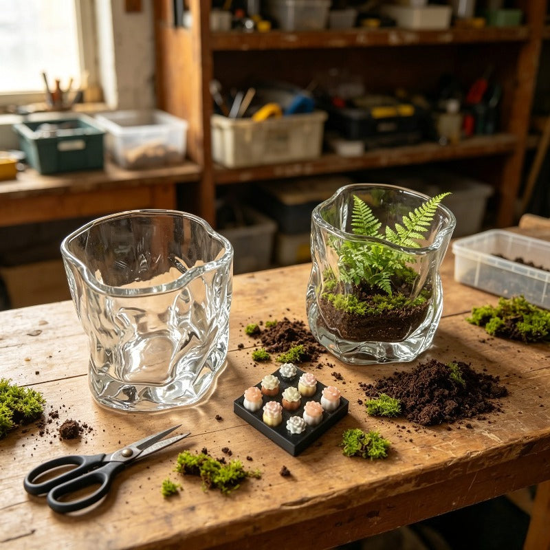 Pot de fleur en verre pour terrarium, vendu en lot, mise en situation