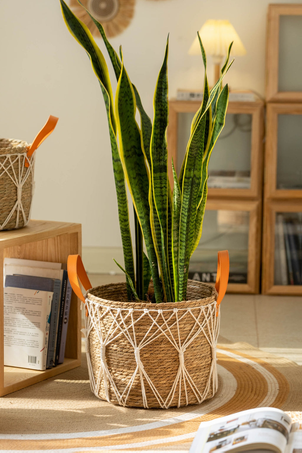 Cache-pot panier tressé à décor macramé Ø 25 cm, naturel