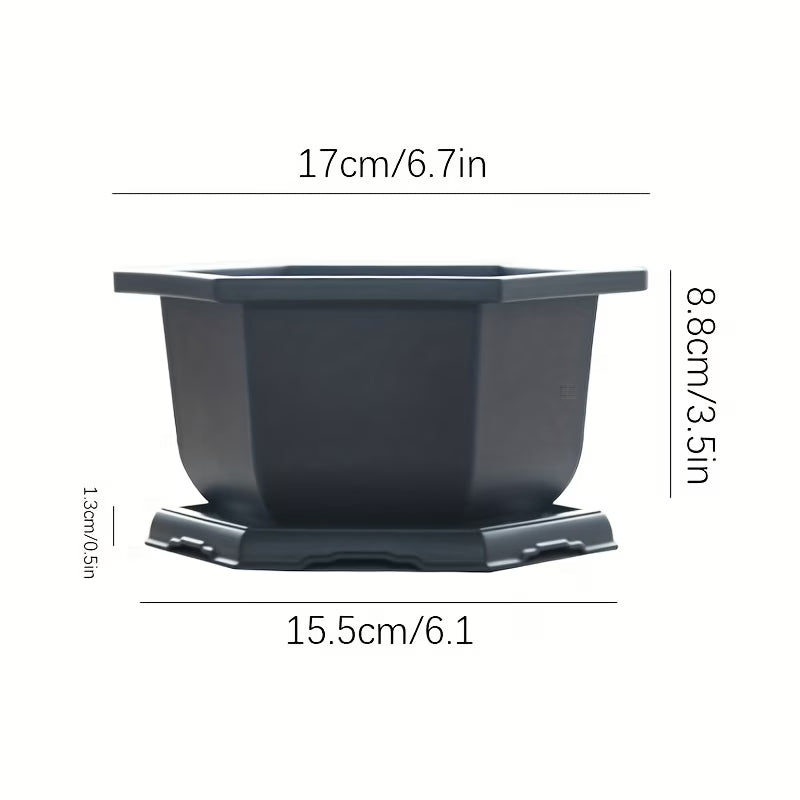 Pot de fleur hexagonal anthracite, lot de 5 avec soucoupes