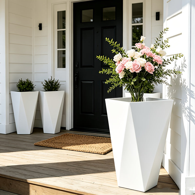 Grand pot de fleur carré blanc 25x25x40 cm, design facetté