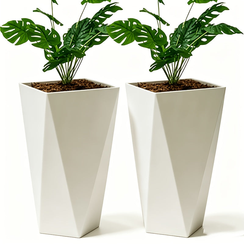 Grand pot de fleur carré blanc 25x25x40 cm, design facetté
