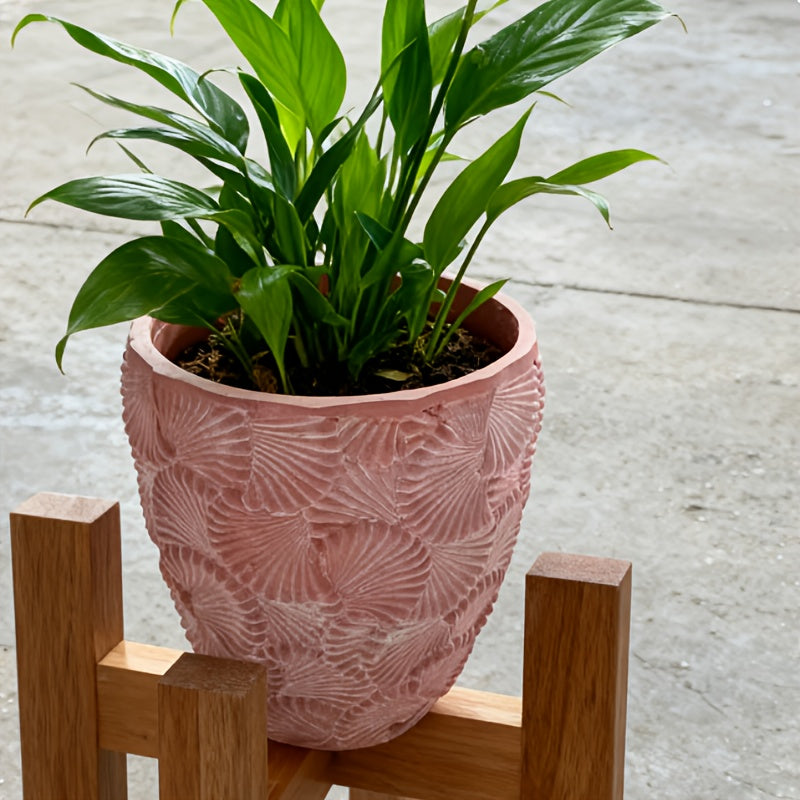 Pot de fleur rond Ø 26 cm rose, relief éventail en résine
