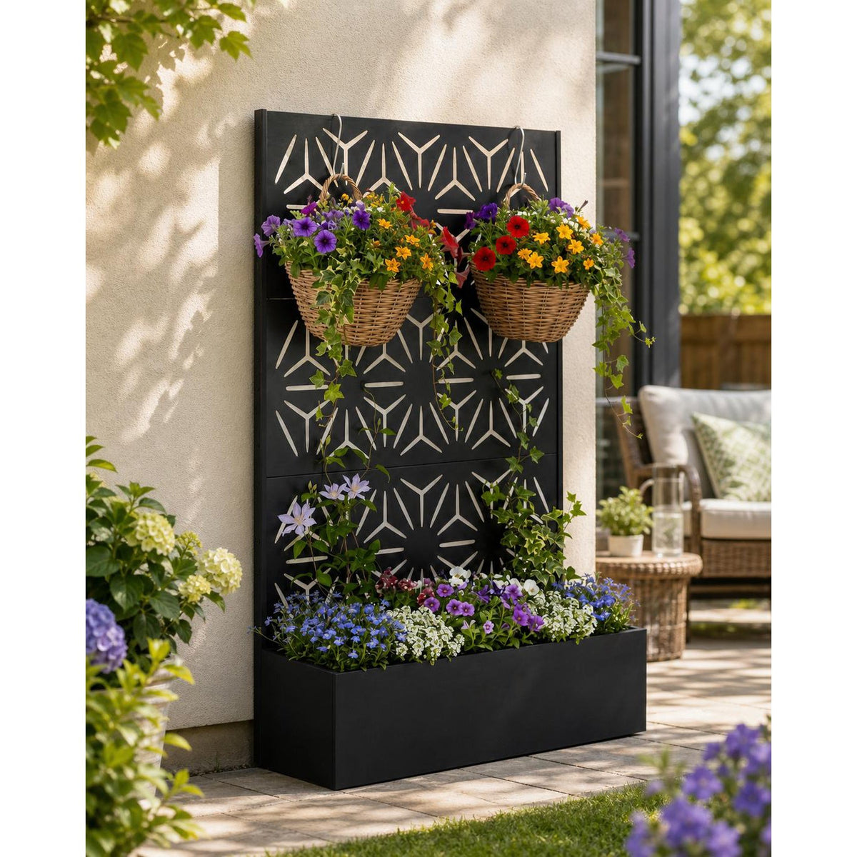 Jardinière brise-vue en métal noir 112x41x180 cm à motifs