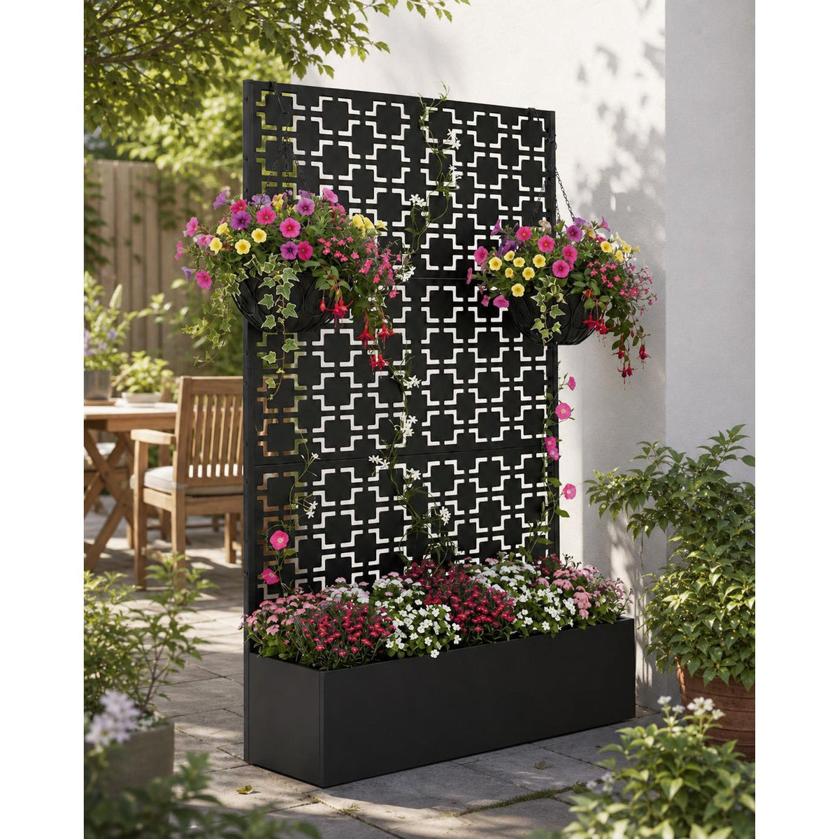 Jardinière brise-vue en métal noir 112x41x180 cm à motifs