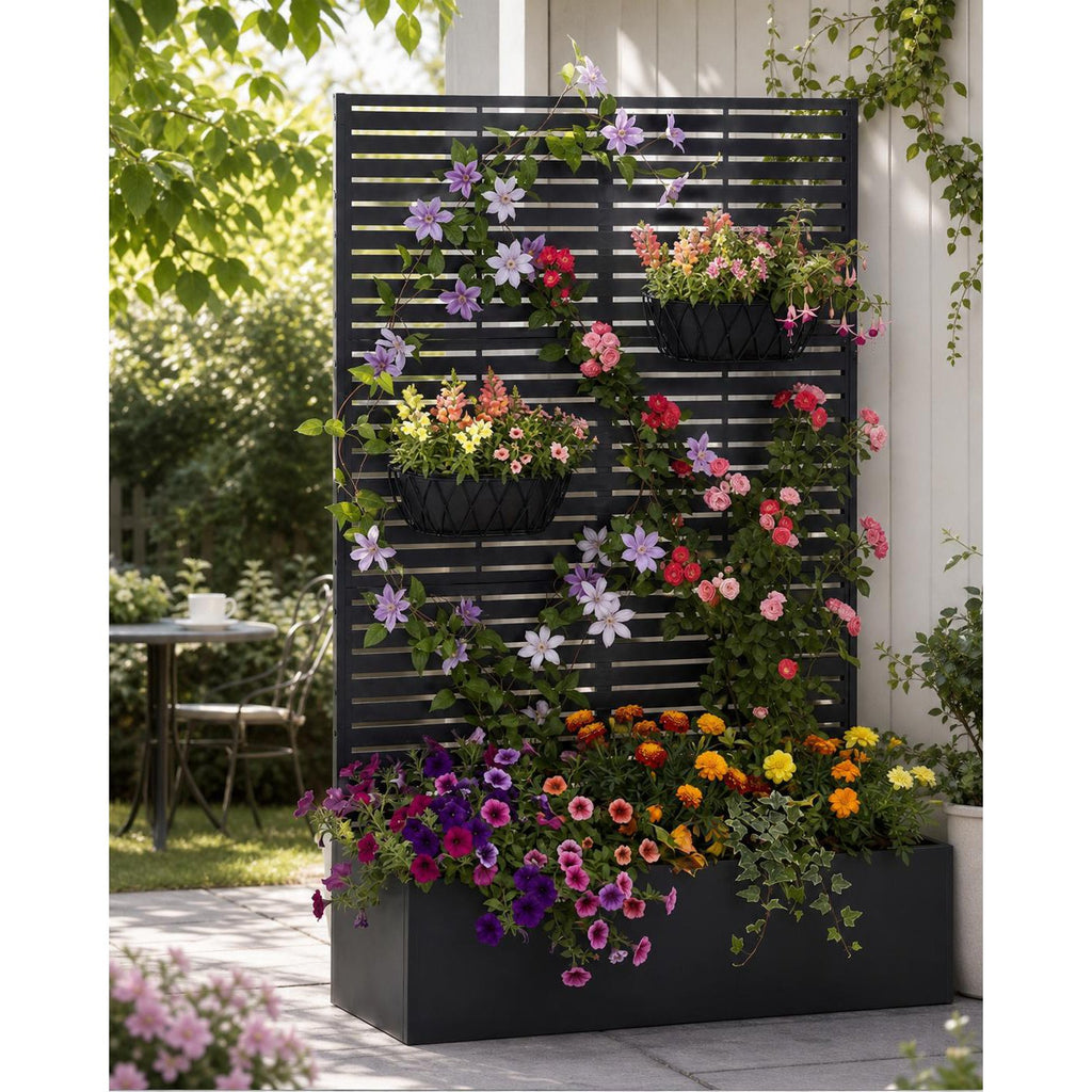 Jardinière brise-vue en métal noir 112x41x180 cm à motifs