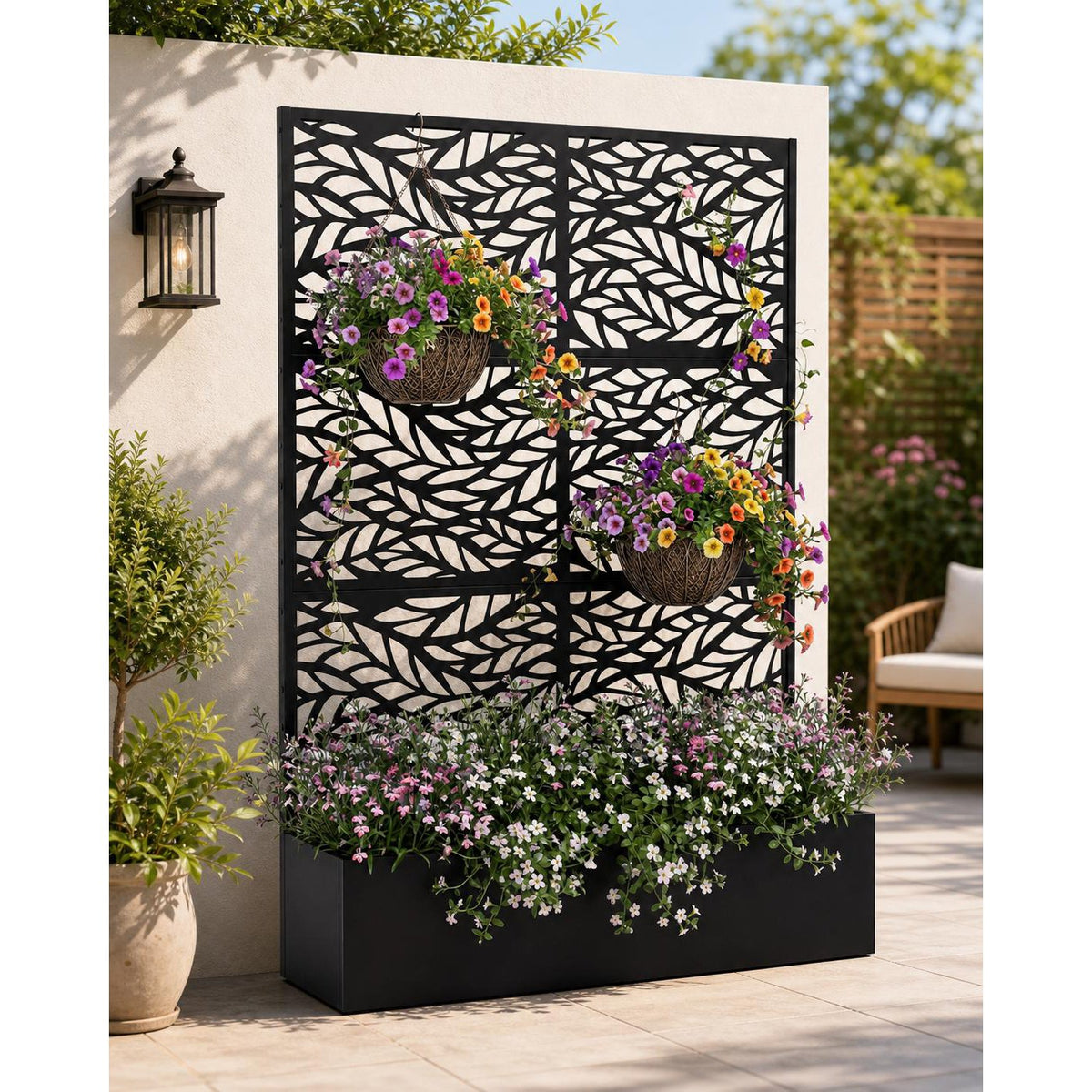 Jardinière brise-vue en métal noir 112x41x180 cm à motifs