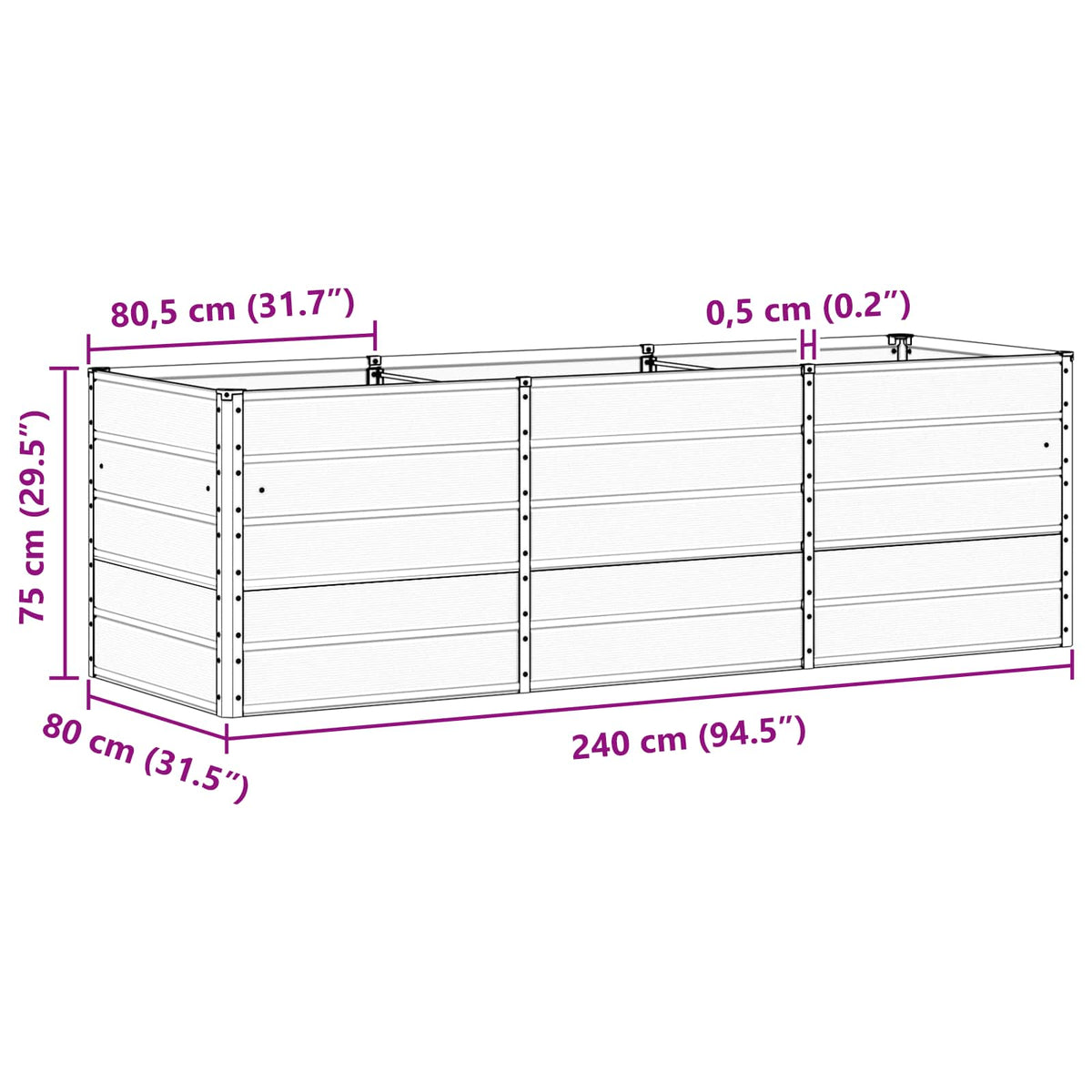 Grande jardinière haute vert amande 240x80x75 cm en acier