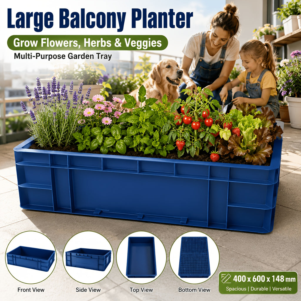 Grande jardinière rectangulaire 60 cm bleue pour balcon