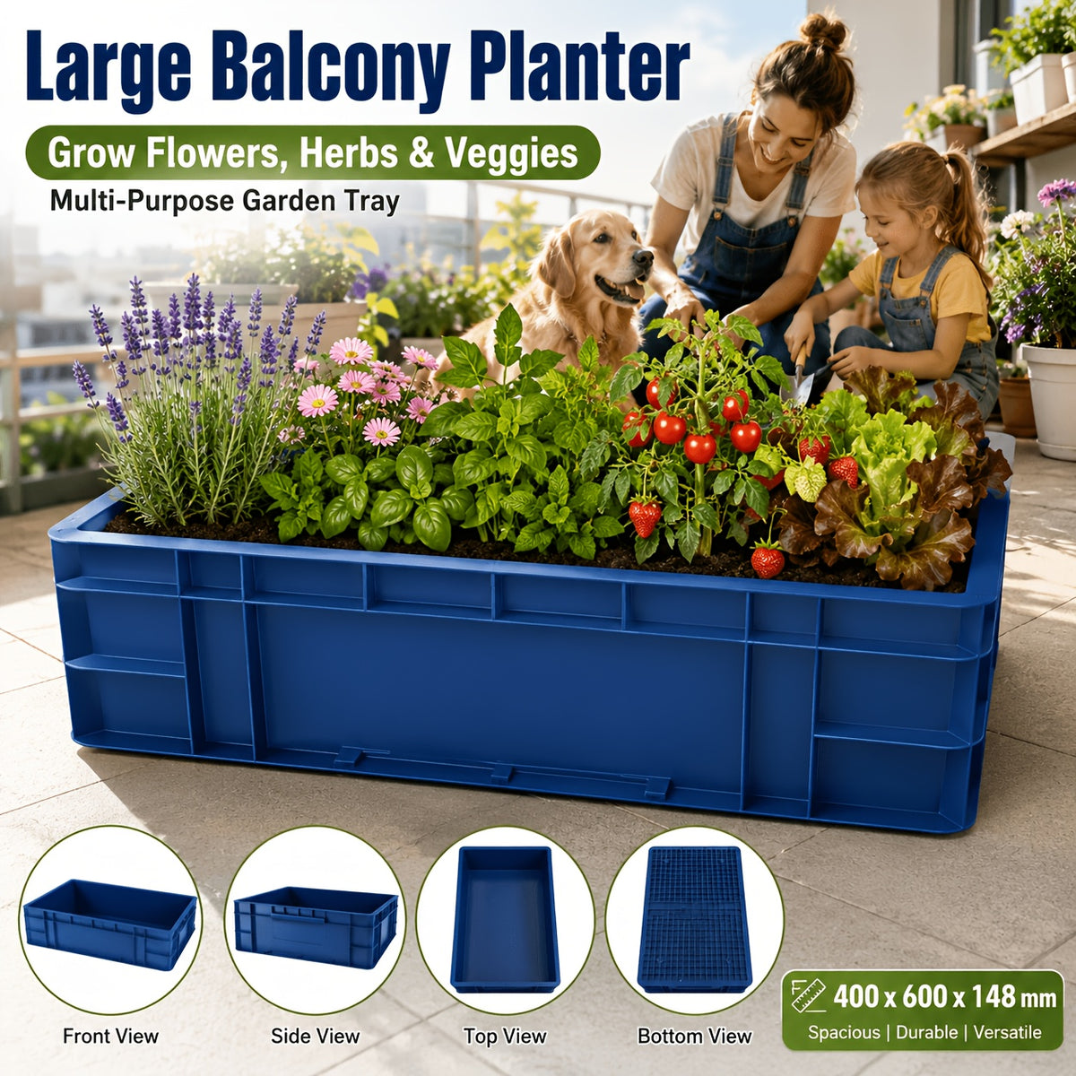 Grande jardinière rectangulaire 60 cm bleue pour balcon
