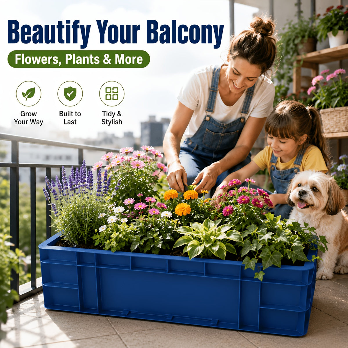 Grande jardinière rectangulaire 60 cm bleue pour balcon
