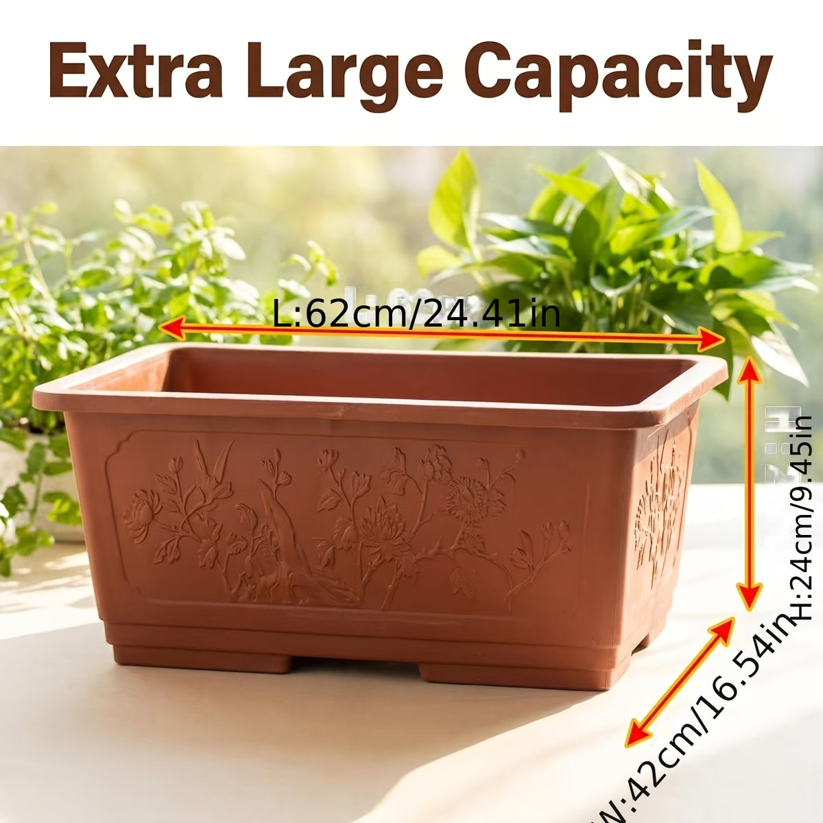 Grande jardinière rectangulaire en résine 62 cm, 41 L, terracotta