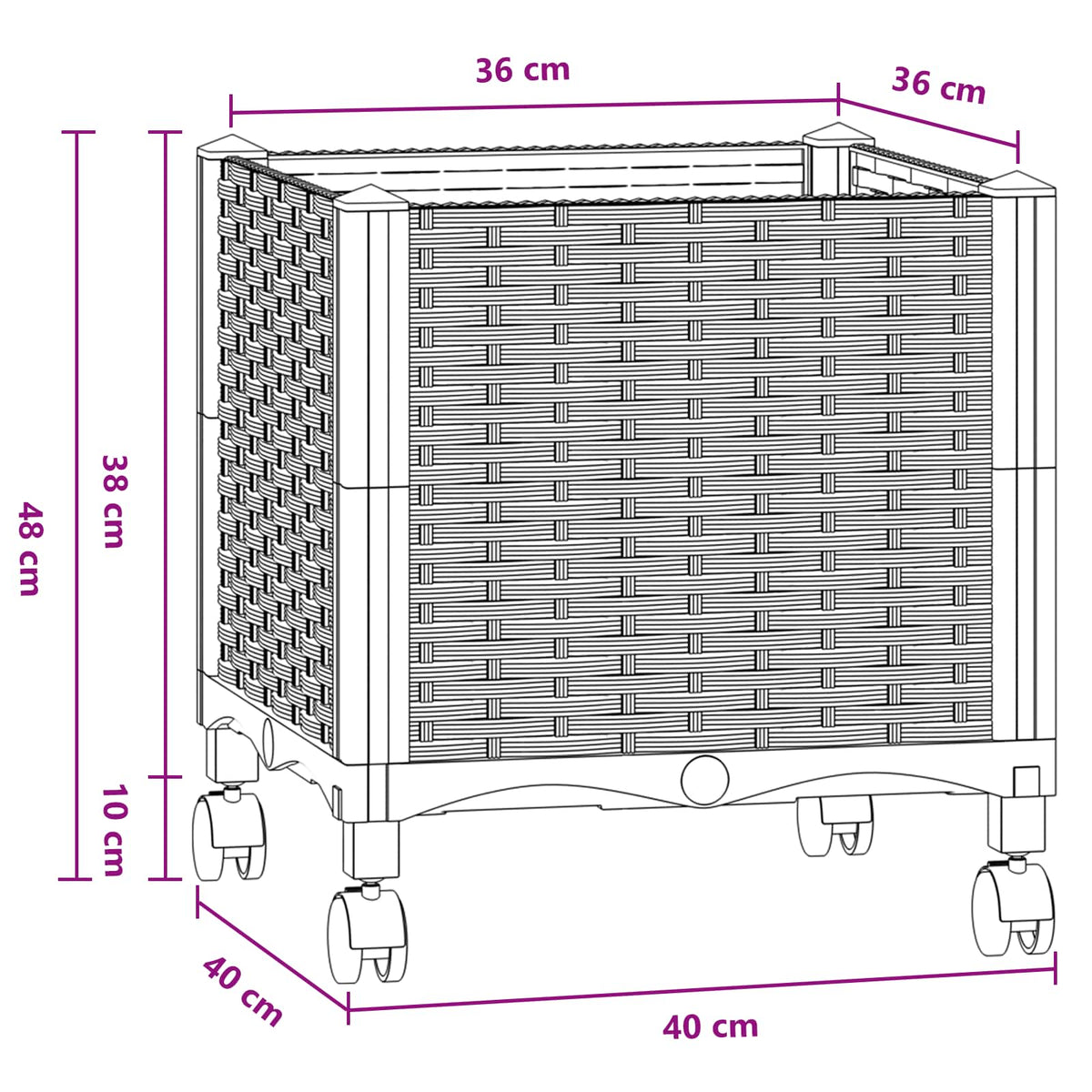 Jardinière à roulettes bleue 40x40 cm en plastique tressé