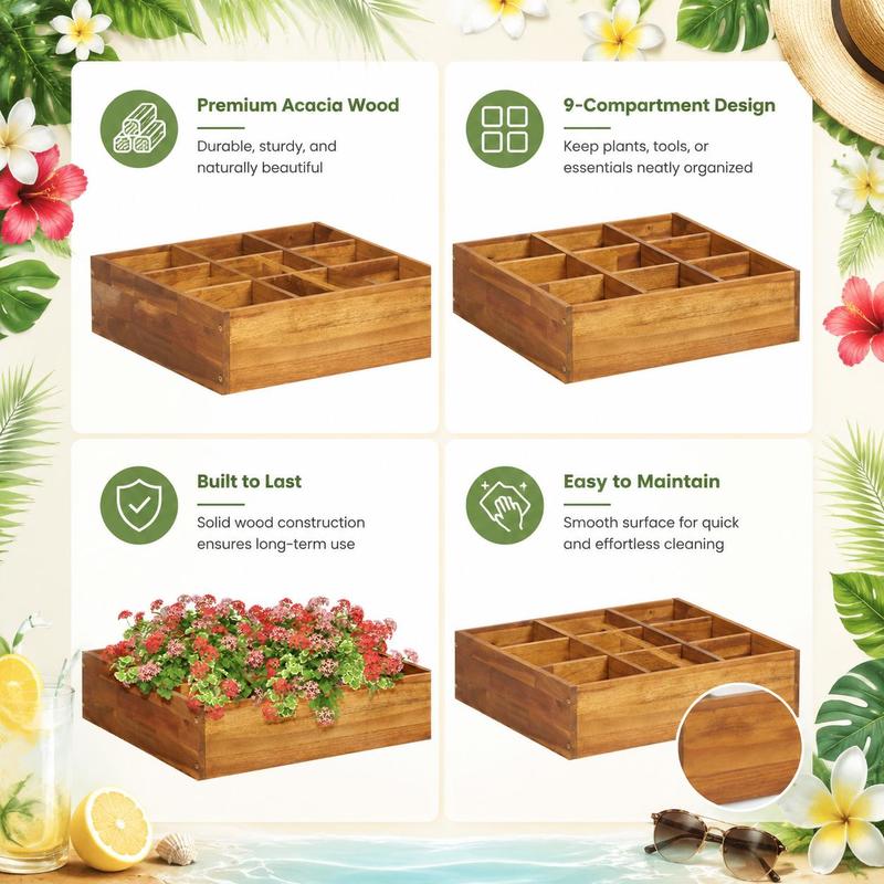 Jardinière potager en acacia massif 60x60 cm à 9 compartiments