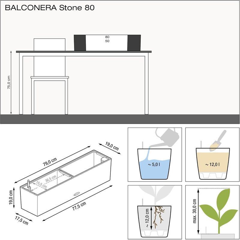 Jardinière de balcon 79 cm aspect pierre à réserve d'eau