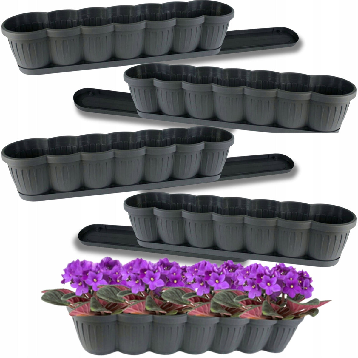 Jardinière de balcon 80 cm grise — lot de 4 avec soucoupes