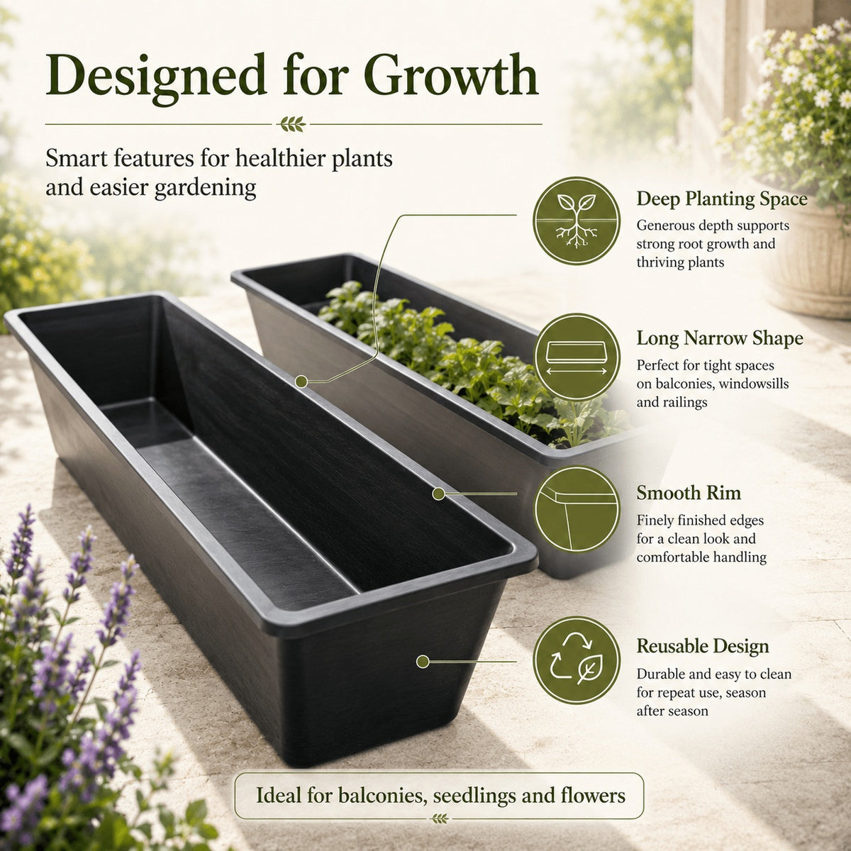 Jardinière de balcon 99 cm noire — lot de 4 bacs à fleurs