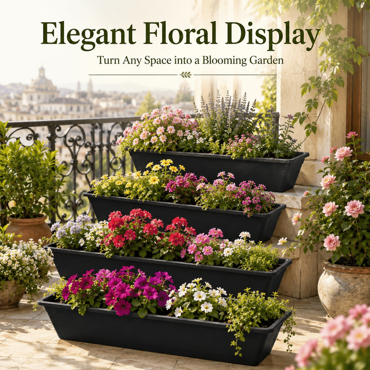 Jardinière de balcon 99 cm noire — lot de 4 bacs à fleurs