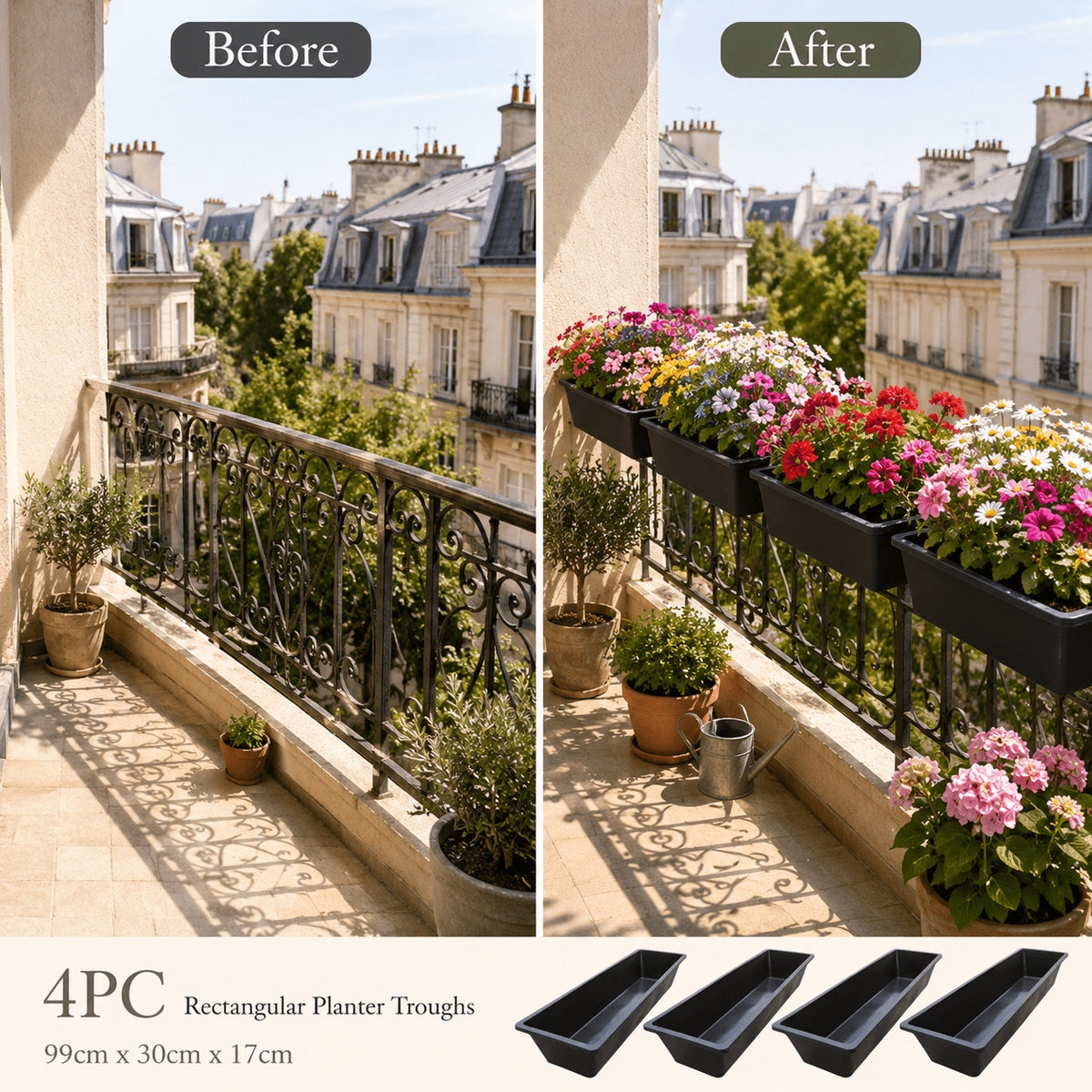 Jardinière de balcon 99 cm noire — lot de 4 bacs à fleurs