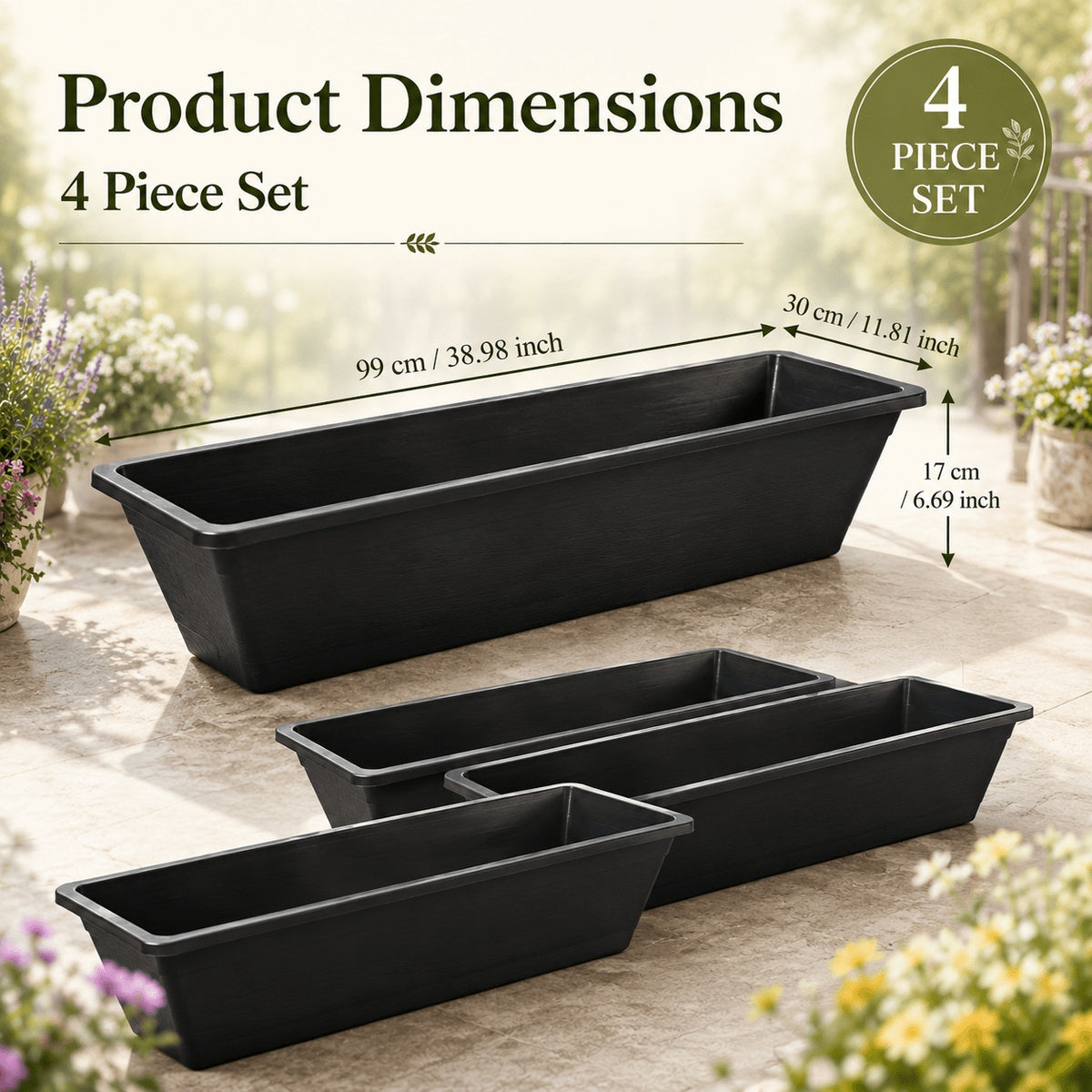 Jardinière de balcon 99 cm noire — lot de 4 bacs à fleurs