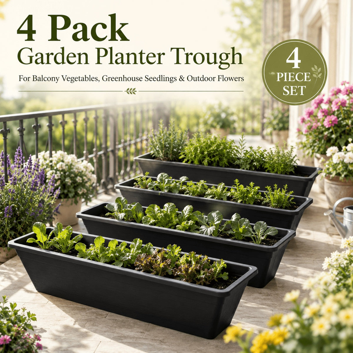 Jardinière de balcon 99 cm noire — lot de 4 bacs à fleurs