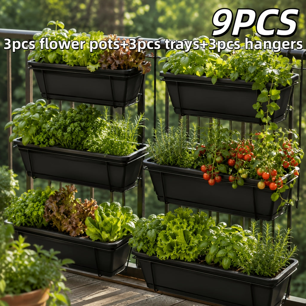 Grande pot de fleurs avec garde-corps style J / 9PCS (3 pots de fleurs + 3 plateaux + 3 crochets de suspension)