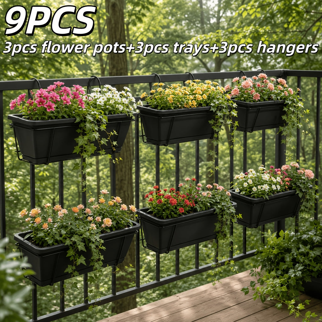 Jardinière de balcon noire 42 cm, lot de 3 avec crochets