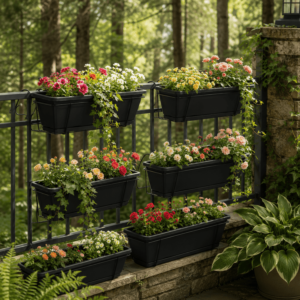 Jardinière de balcon noire 42 cm, lot de 3 avec crochets