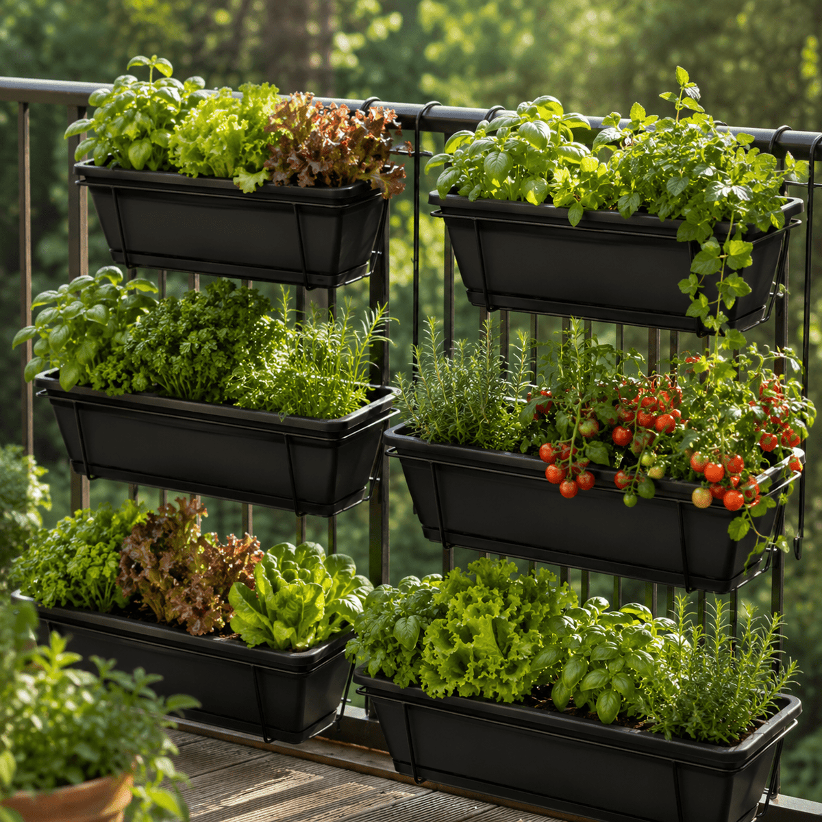 Jardinière de balcon noire 42 cm, lot de 3 avec crochets