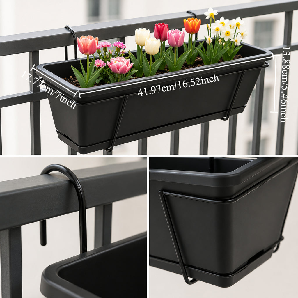 Jardinière de balcon noire 42 cm, lot de 3 avec crochets