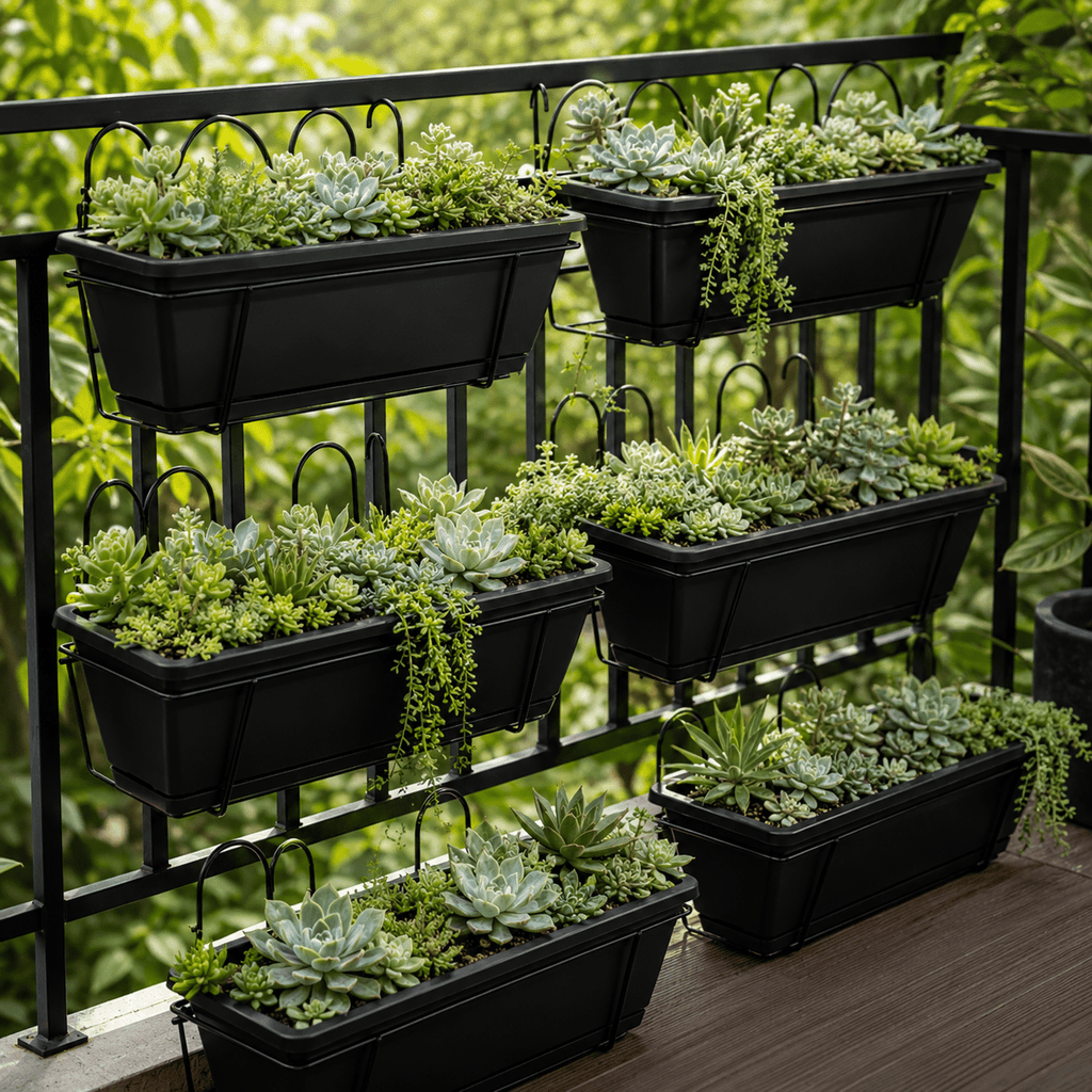 Jardinière de balcon noire 42 cm, lot de 3 avec crochets
