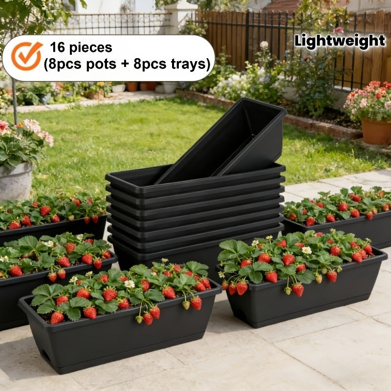 Jardinière de balcon noire 42x17 cm — lot de 8 avec soucoupes