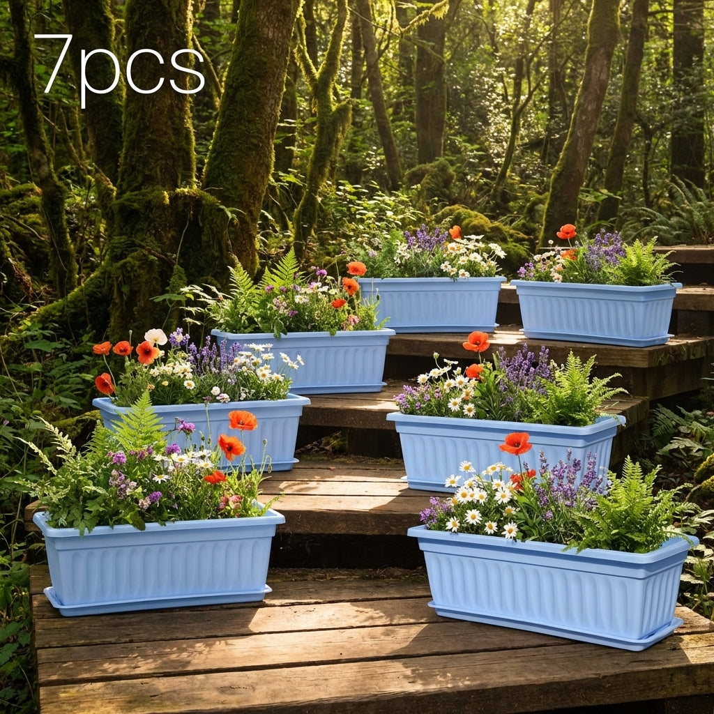Jardinière balcon en plastique bleu — lot de 7 bacs de 44 cm