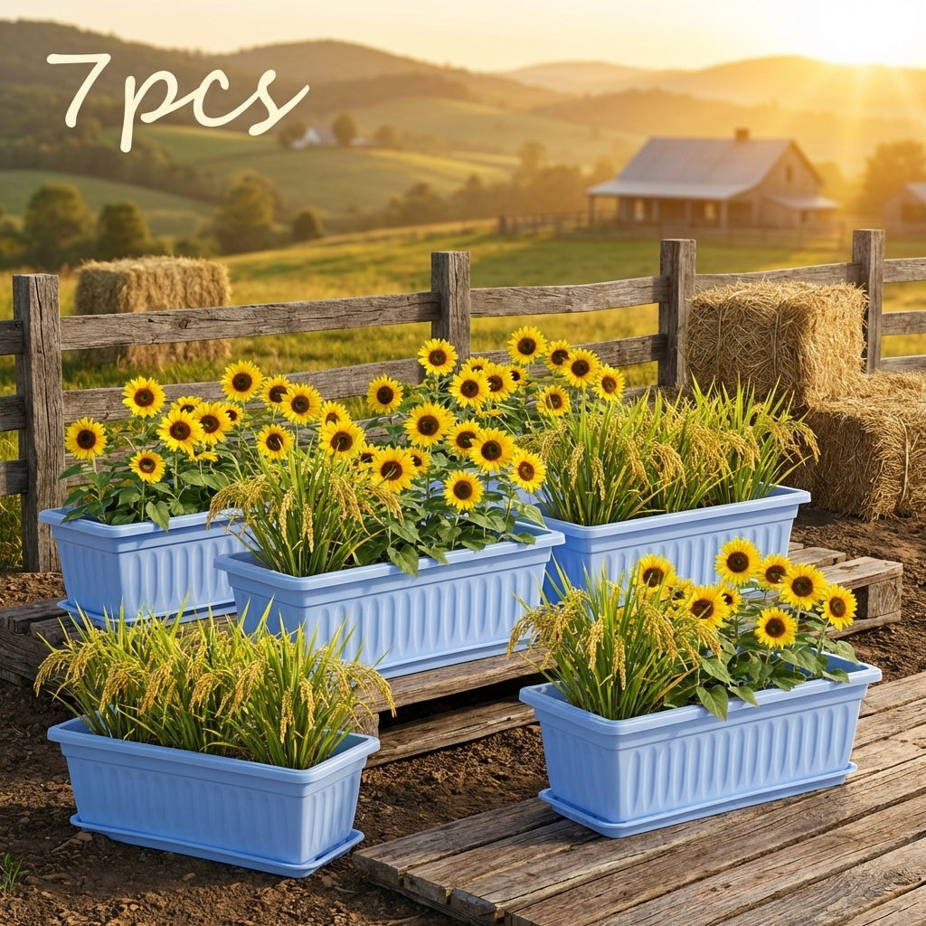 Jardinière balcon en plastique bleu — lot de 7 bacs de 44 cm