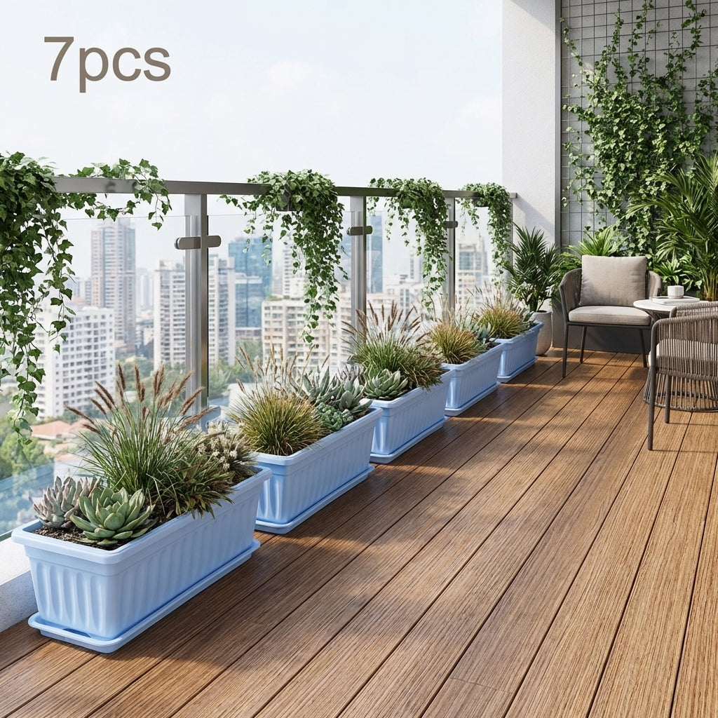 Jardinière balcon en plastique bleu — lot de 7 bacs de 44 cm