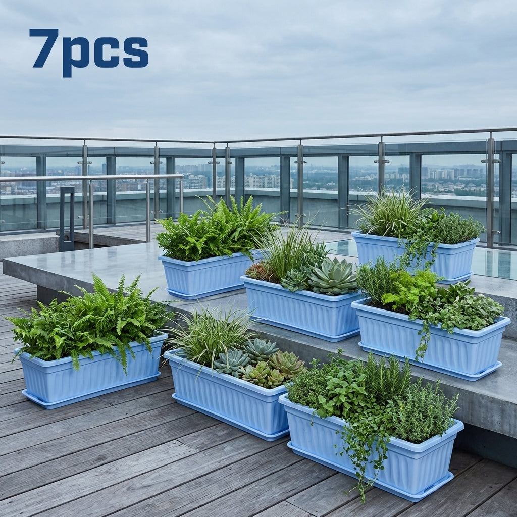 Jardinière balcon en plastique bleu — lot de 7 bacs de 44 cm
