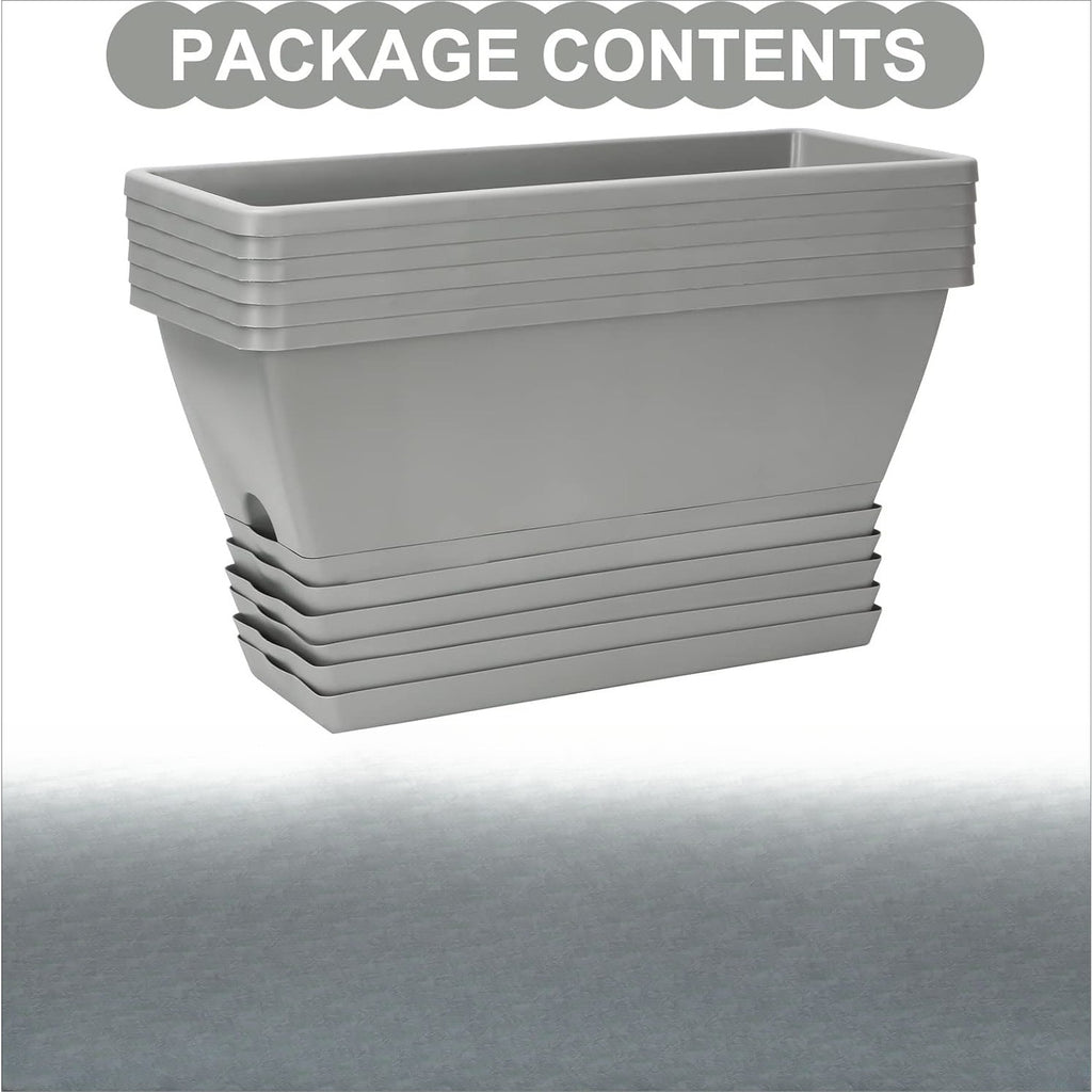 Jardinière de balcon rectangulaire grise — lot de 6 avec soucoupes