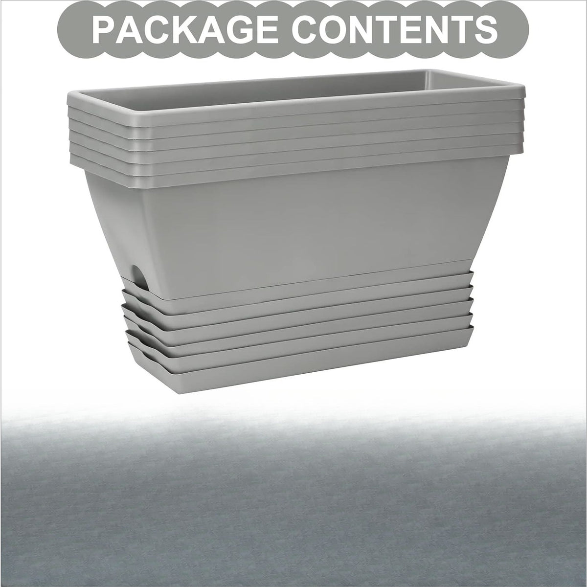Jardinière de balcon rectangulaire grise — lot de 6 avec soucoupes